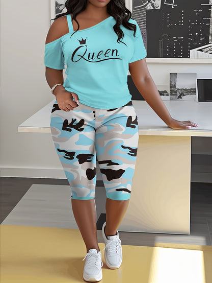 Plus Size - Ladies Fashion Daily Casual Suit, Diagonal Shoulder Camisole Gradient Letter Print Top + Camouflage Capri Pants Design.