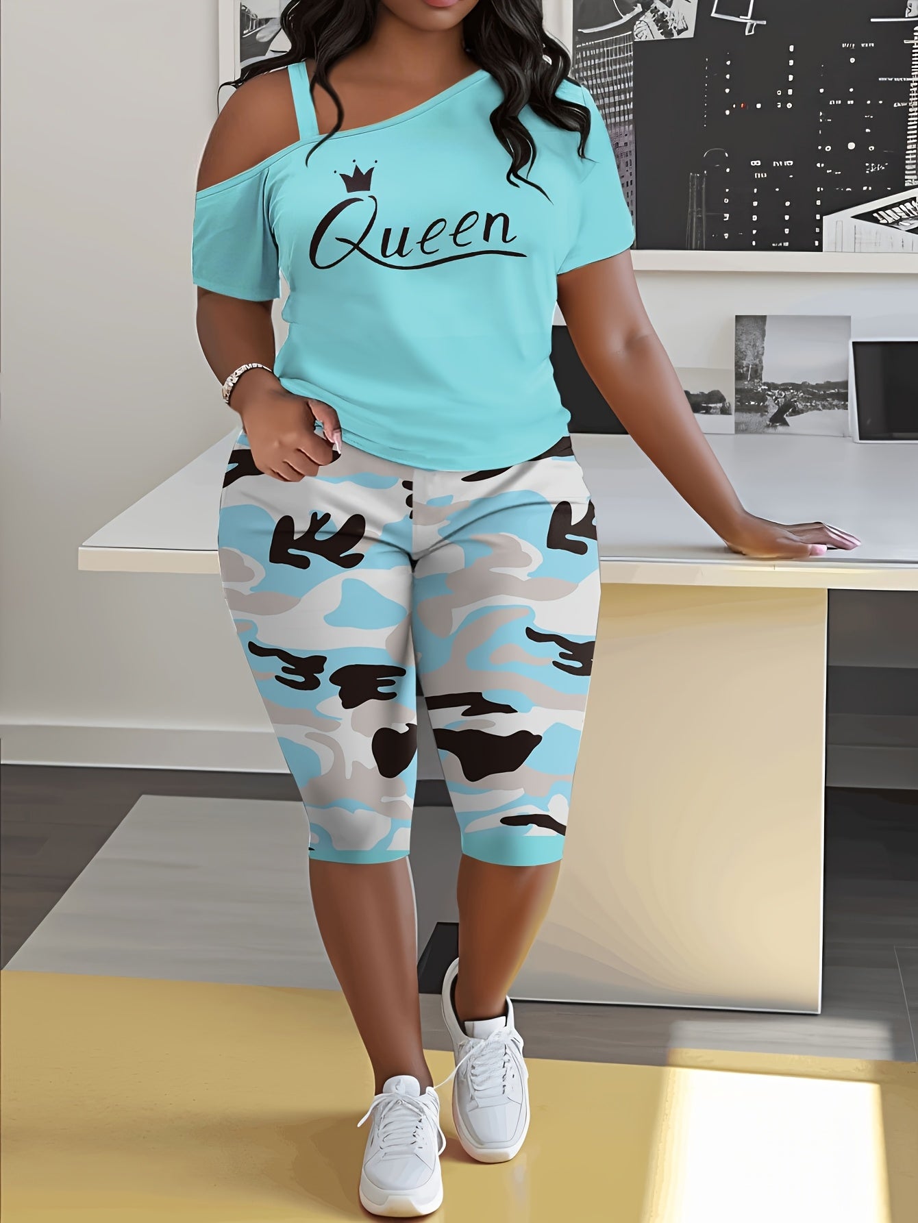 Plus Size - Ladies Plus Size Daily Casual One-Shoulder Short Sleeve Two-Piece Outfit, Diagonal Shoulder Design, Slim Fit Camouflage Pants Suit With Letter Print.