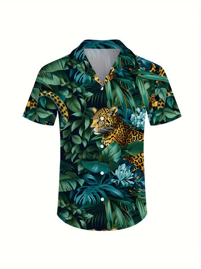 Men'S 3pcs Retro Outfit Beach Set, Tiger in Jungle Sportswear, Hawaiian Sportswear Set, Shirt Beach Shorts And Fisherman Hat Bucket Hat