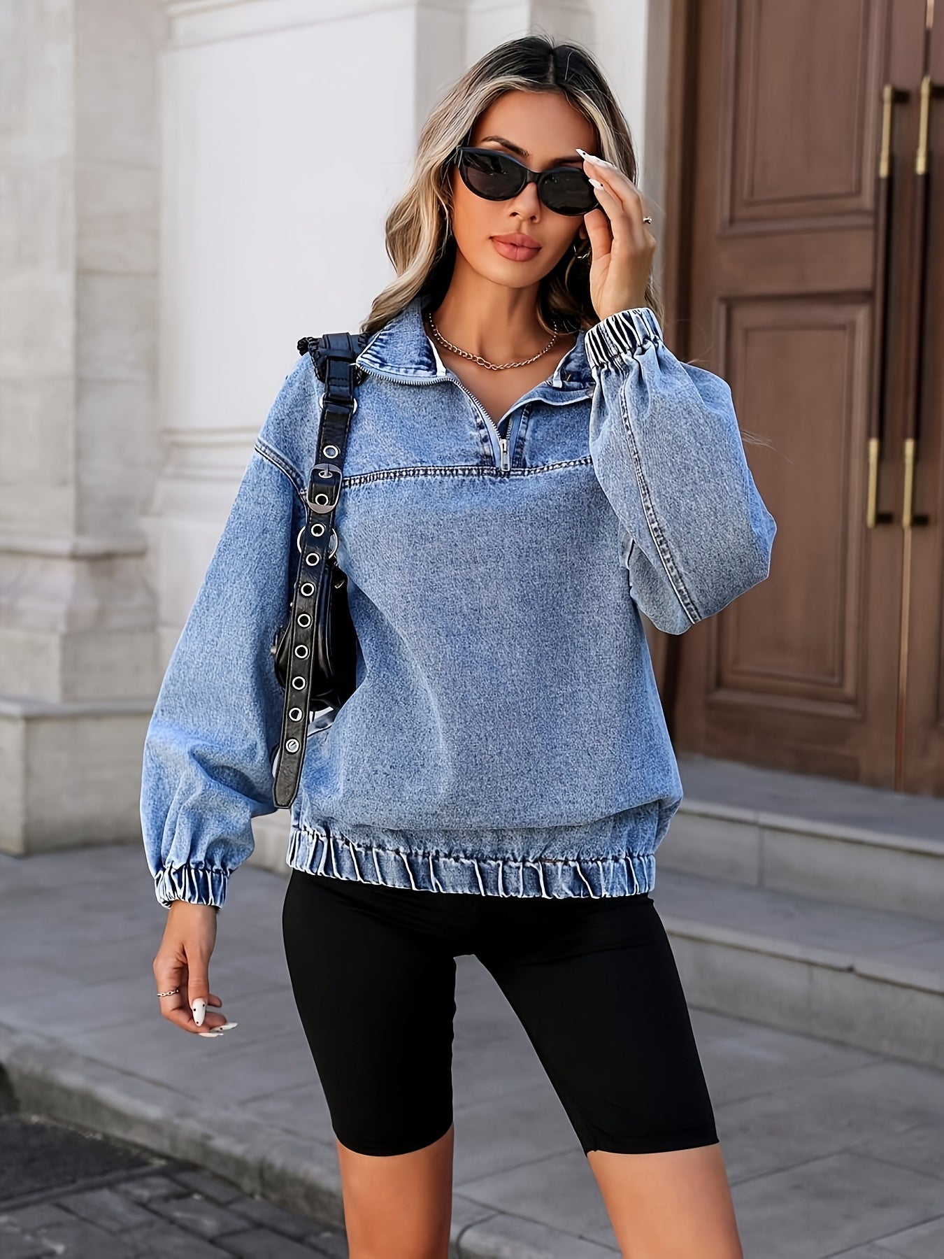 25AW Loose And Casual Denim Jacket for Women, with Dropped Shoulder Design And A Half Zipper. Pullover Denim Sweatshirt, Suitable for Spring And Autumn.