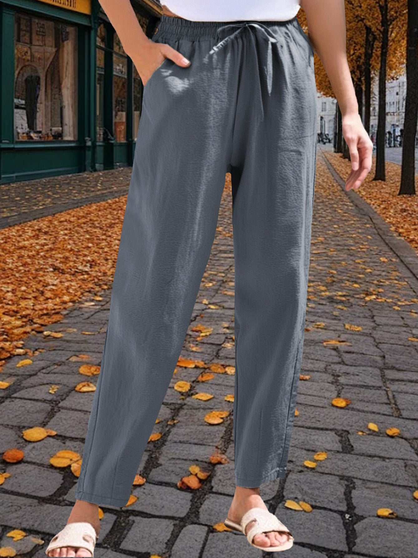 3-Pack Women'S 9/10 Length Casual Trousers, Loose Fit, Solid Color Drawstring Elastic Waist, Comfortable And Versatile for Office, Weekend Strolls, Gatherings, And Beach Vacations
