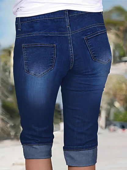 Women'S Plus Size Denim Blue Cropped Jeans | High Waisted Cuffed Hem with Front Pockets, Ankle Decor Buttons, Single Button & Zipper Fly, Street Trendy Casual for Spring/Summer/Fall Wear