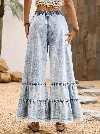 Women'S Large Size Ruffle Hem Denim Wide Leg Raw Edge Pants