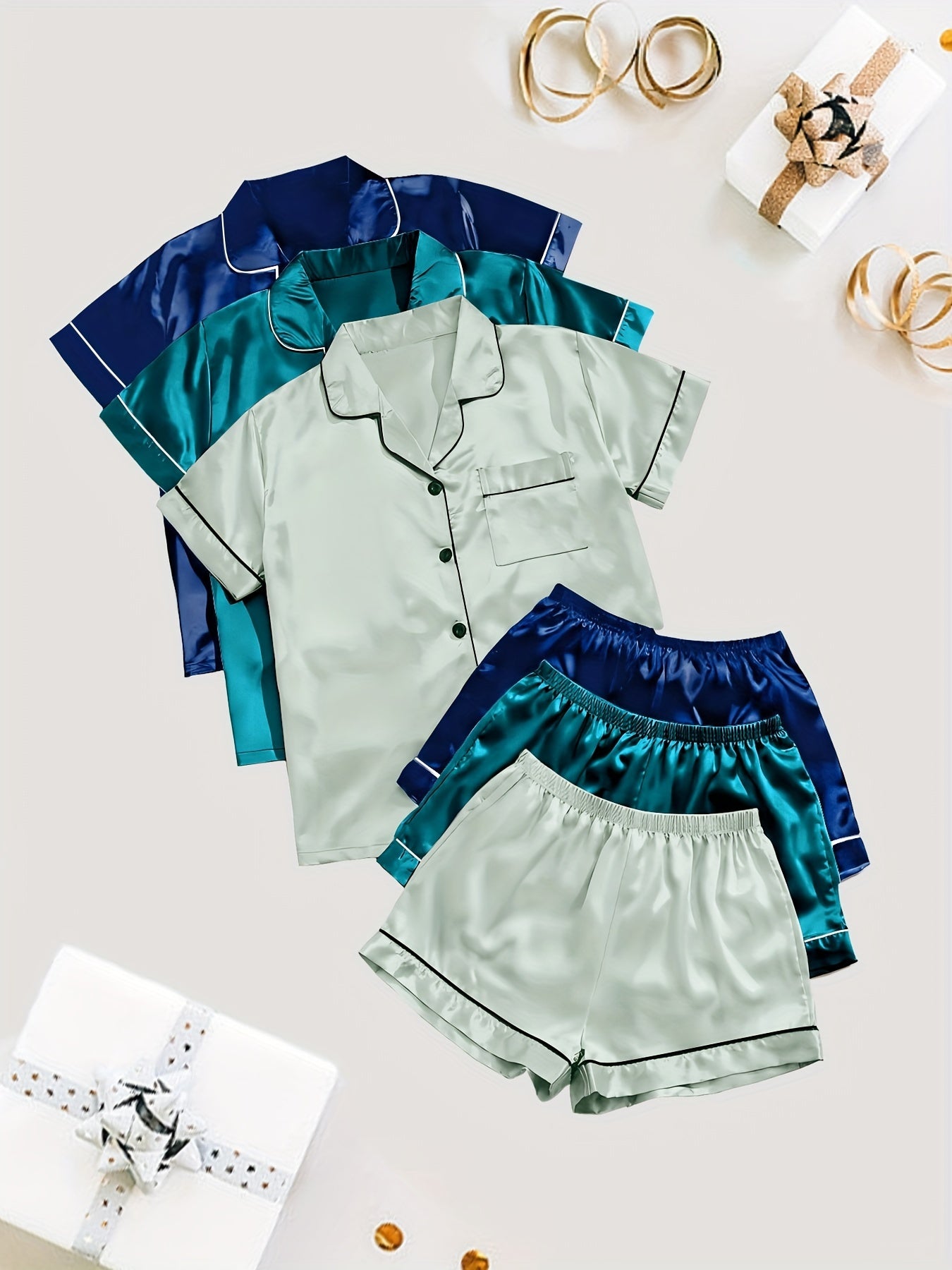 Black + Champagne + Pink Satin Short-Sleeve Shorts - product view 18