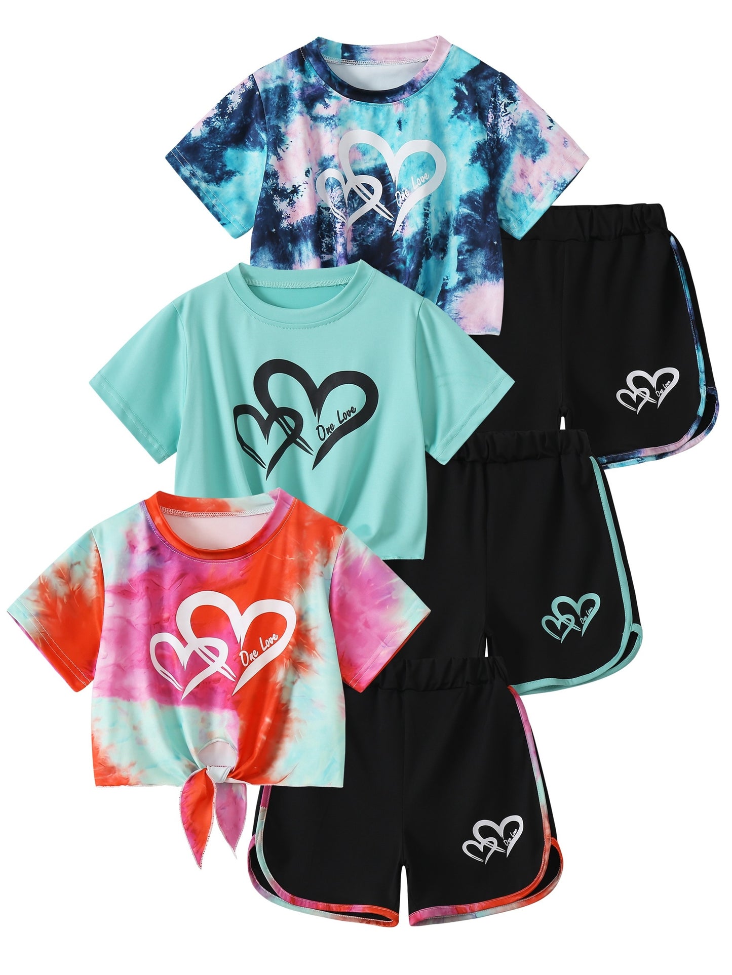 6pcs, Girls Love Print Camouflage Design Short Sleeve Athletic Shorts Summer Suit, for Outdoor