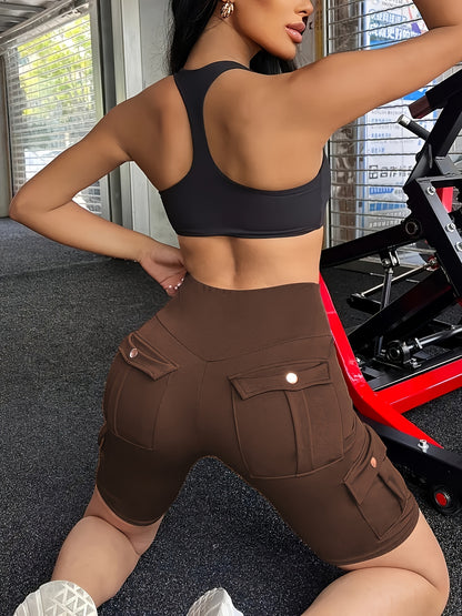 High Waist Women's Solid Color Sports Yoga Tooling Shorts with Pocket Design