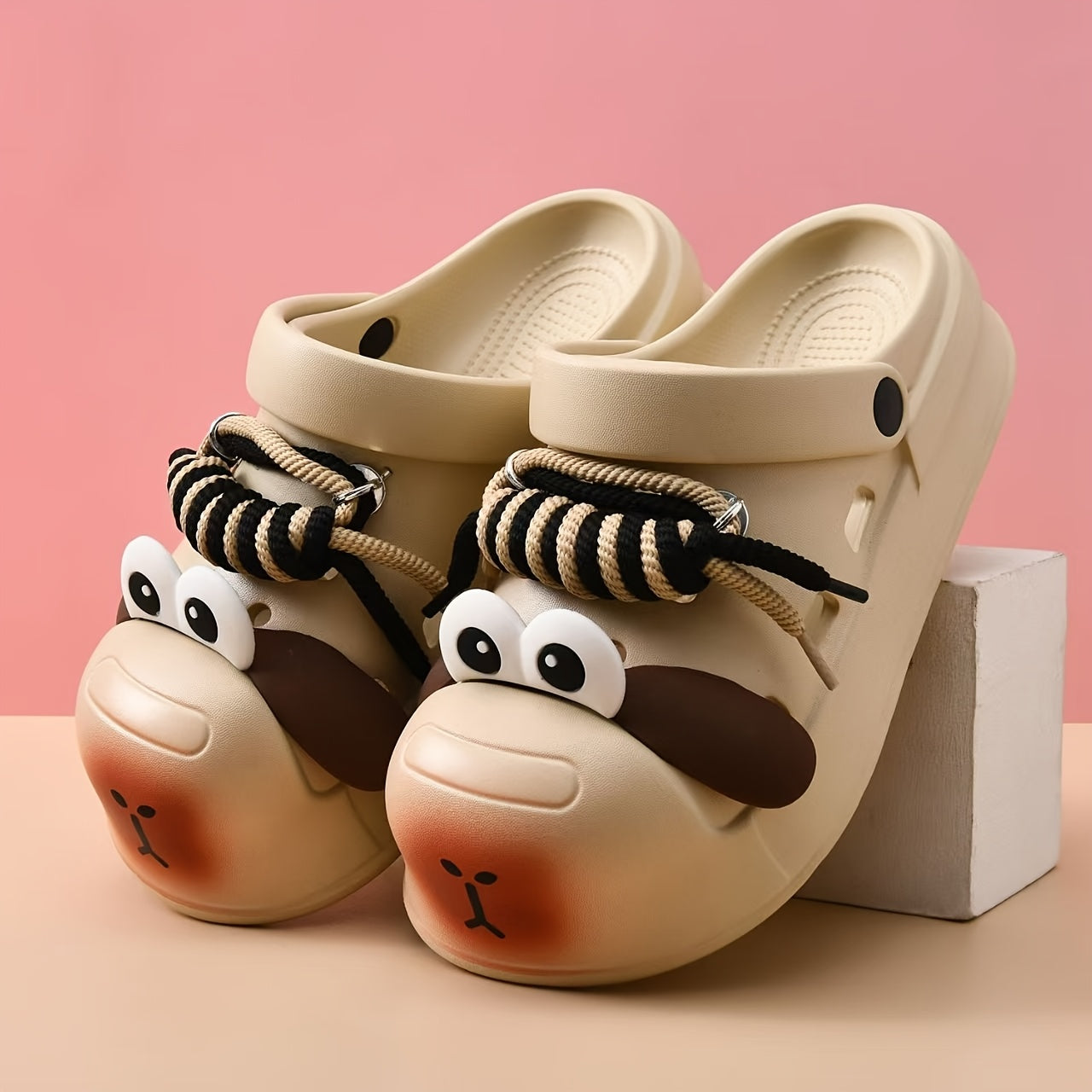 Women's Cute Cartoon Dog Design EVA Clogs - Summer Slip-On Sandals with Thick Sole, Non-Slip Beach Shoes, Beige & Brown Accents, Fun and Functional for Outdoor Play, Casual Footwear | Playful Shoe Design | Smooth Texture Footwear, Women Shoes
