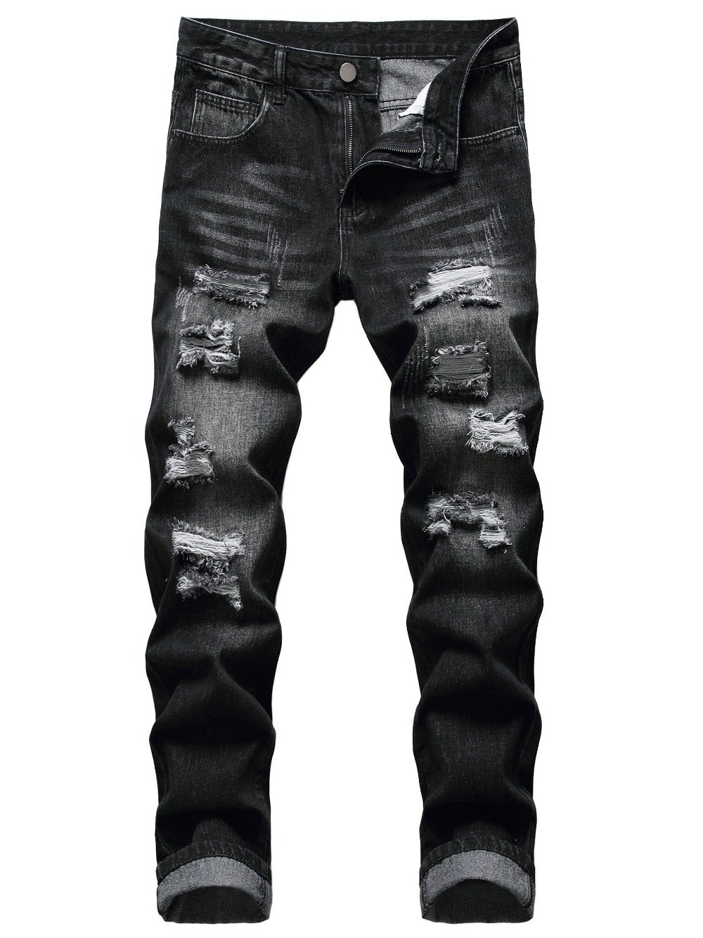 Men's Straight Leg Jeans - Black Denim Distressed