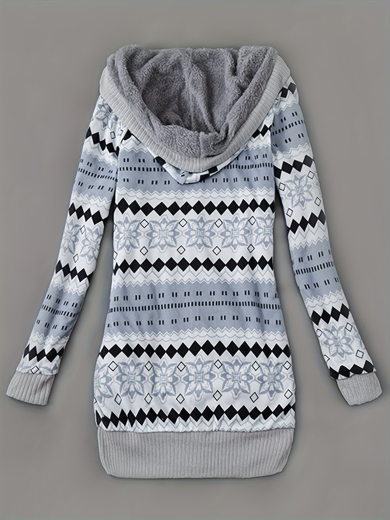 Women'S Fall Winter Casual Hooded Jacket, Warm Fleece Lined Long Sleeve Coat with Geometric Pattern And Colorblock Design