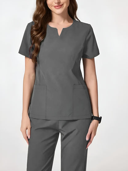 Two-Piece Easy And Comfortable Breathable Brushing Gloves Set for Work Uniforms, V-Neck Short-Sleeved Front-Pocket Comfortable Top And Slit Straight-Leg Trousers, All-Season Wear, Perfect for Healthcare, Dental, And Pet Hospital Professionals