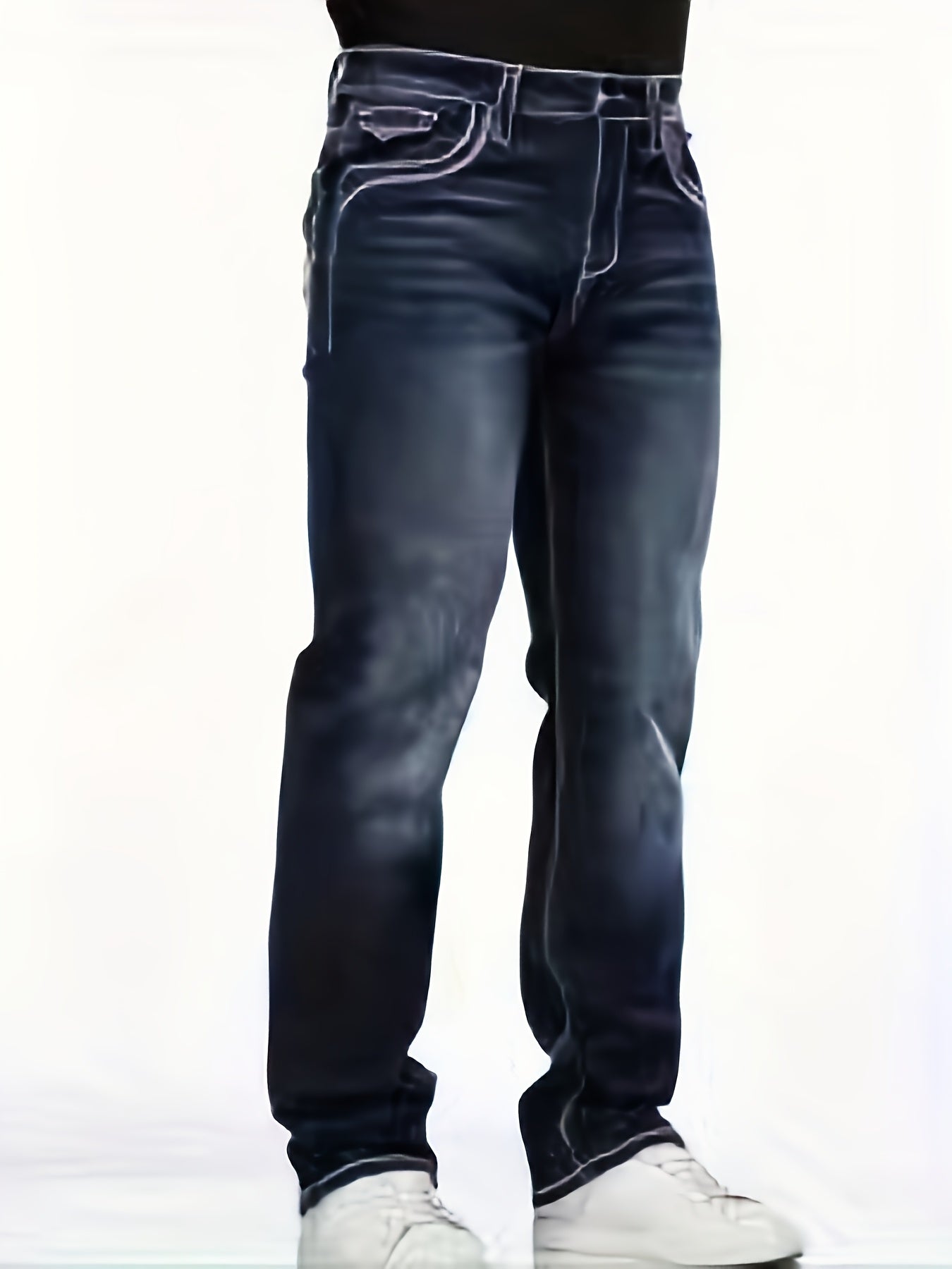 Men's Deep Blue Elastic Embroidered Casual Jeans