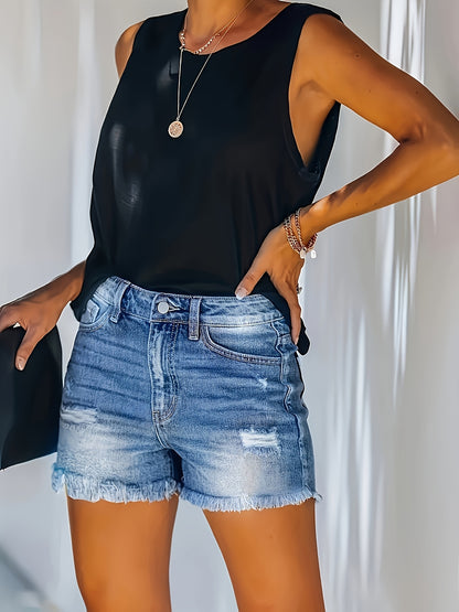 Women's Sea Blue Denim High-Waist Denim Shorts - product view 4