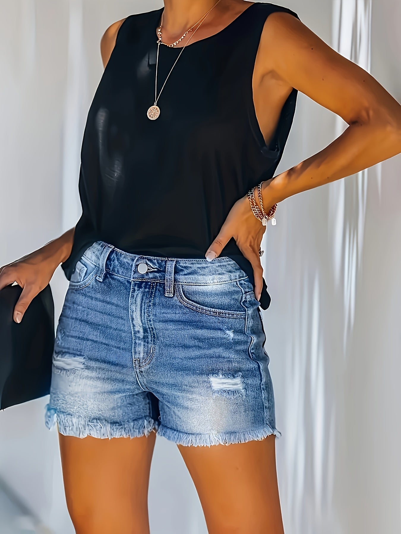 Women's Sea Blue Denim High-Waist Denim Shorts - product view 2