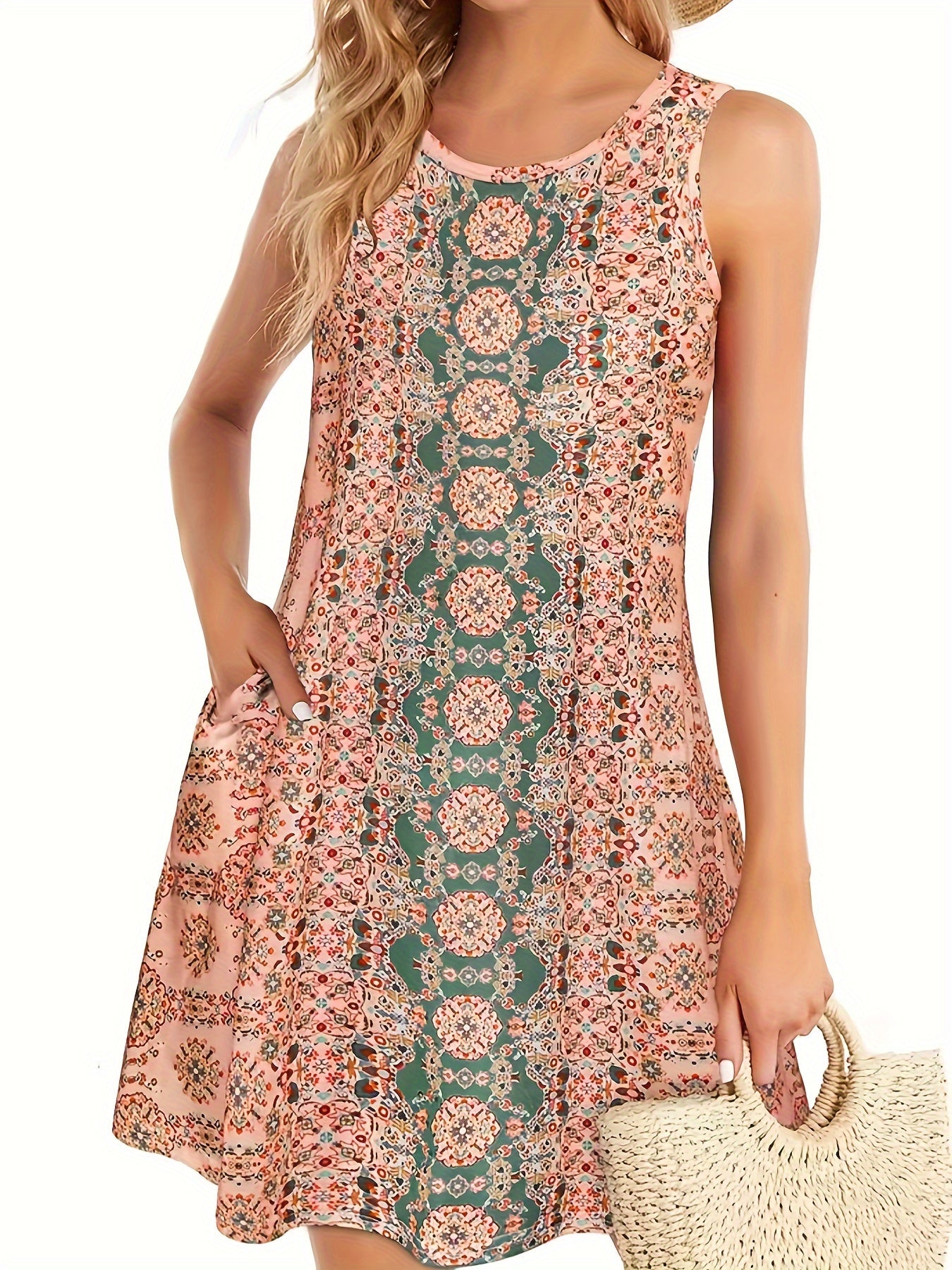 Women's Boho Summer Dress with Pockets - Sleeveless A-Line Beach Dress, Breathable Bohemian Sundress for Vacation, Pool & Outdoor Activities, Casual Spring Summer Dress with Pocket (Hand Washable)
