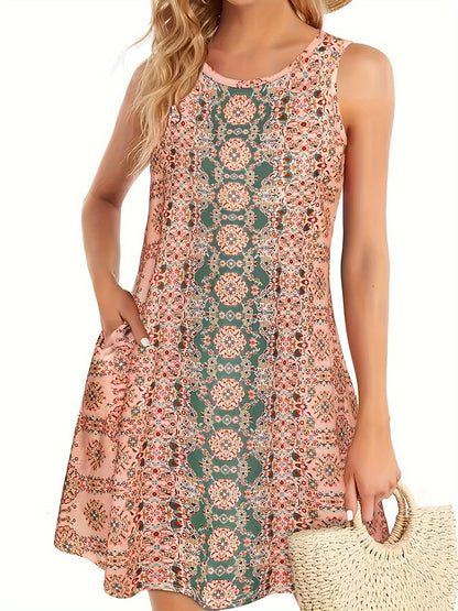 Women's Boho Summer Dress with Pockets - Sleeveless A-Line Beach Dress, Breathable Bohemian Sundress for Vacation, Pool & Outdoor Activities, Casual Spring Summer Dress with Pocket (Hand Washable)