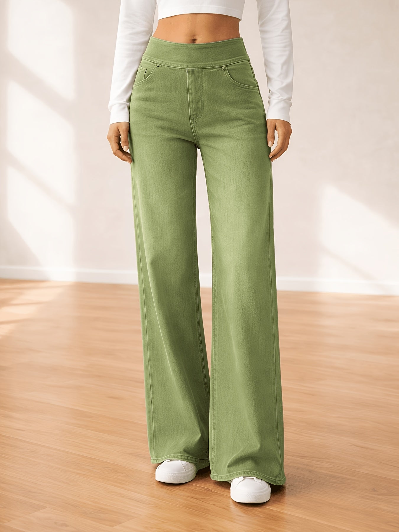 Women's Stretch Waistband Jeans High Waisted Slim Wide-Legged Jeans Loose Straight Leg Pants with Pockets Designed for All Seasons Versatile for Everyday And Formal Wear Machine Washable Women's Trendy Denim Pants for Office Wear Outdoor Jeans