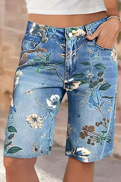 Plus Size Women Summer Clothes Women'S Stretch Floral Print Plus-size Denim Shorts, High-waisted For A Flattering And Effect, Retro Street Style, Highly Stretchy And Comfortable Fit, Perfect For Spring And Summer.