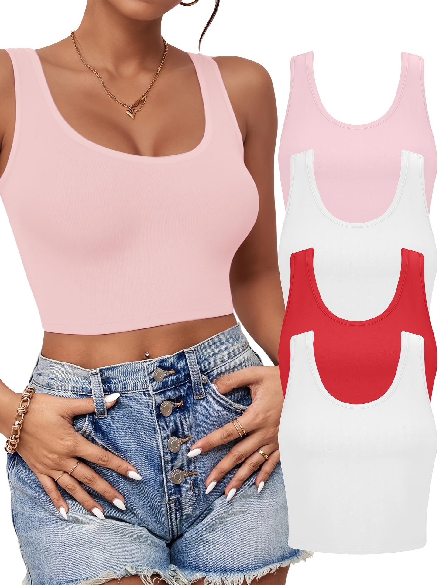 Set of 3-4 Women'S Tank Tops, Featuring a U-Neck Design, Sleeveless Style, And Cropped Racerback, Perfect for And Casual Outings