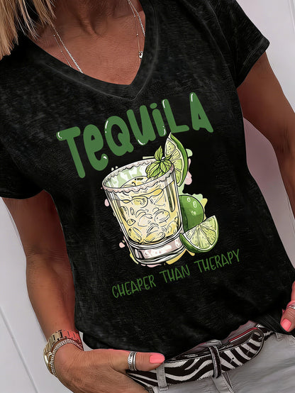 Fun And Creative Style Tequila Print Short-Sleeve (V-Neck) Shirt, Fresh And Retro Style. Women'S Short-Sleeve (V-Neck) Shirt for Spring And Summer. Casual And Versatile, Suitable for Home Wear. Comfortable And Breathable