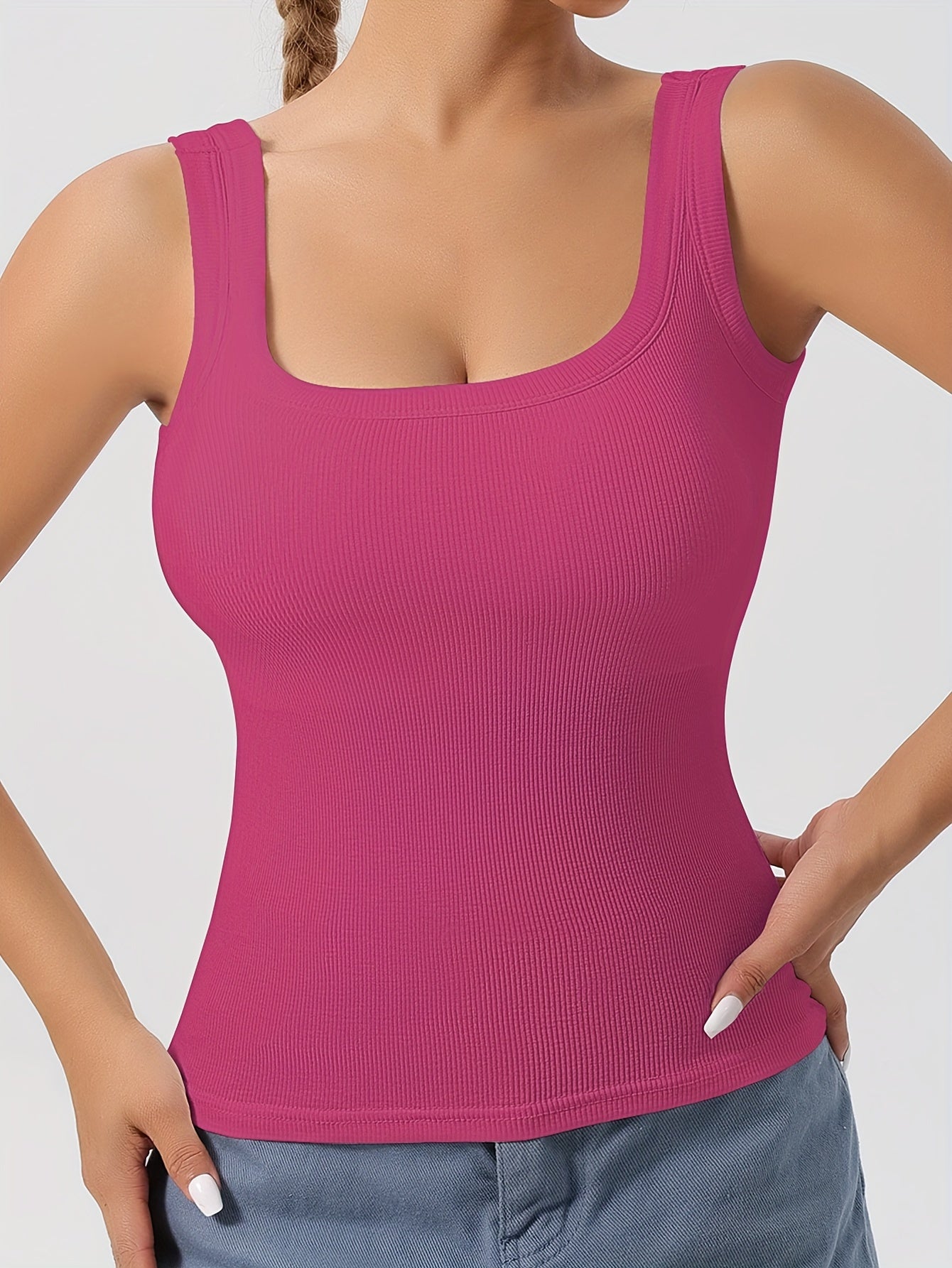 Big U Beauty 2-in-1 Backless Ribbed Base Vest with Built-In Pads & Coasters - High-Elasticity Striped Slim Fit Sleeveless Top for Plus Size Women, Casual Elegant Layering Essential