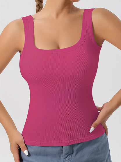 Big U Beauty 2-in-1 Backless Ribbed Base Vest with Built-In Pads & Coasters - High-Elasticity Striped Slim Fit Sleeveless Top for Plus Size Women, Casual Elegant Layering Essential