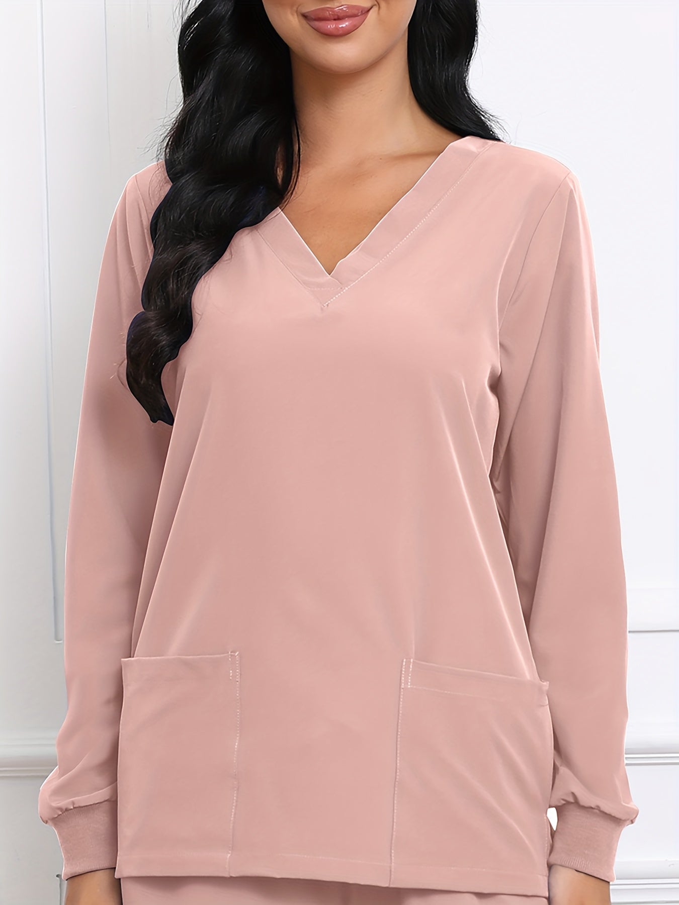 Women's V-Neck Long Sleeve Matte Breathable S Uniform Pockets Wash Clothes Work Shirt Scrubbing Top