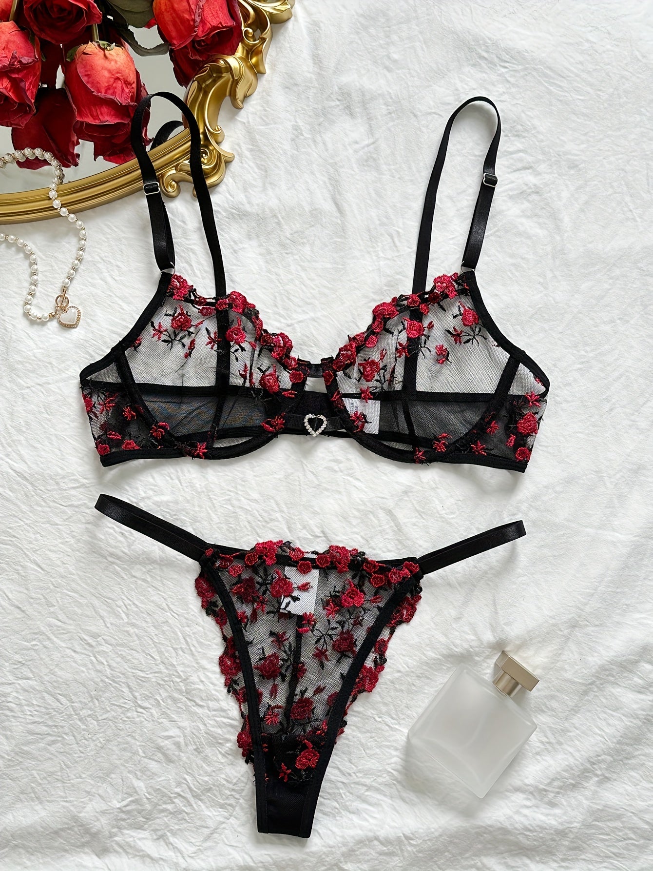 Christmas Gift Women'S Sexy Lingerie Combination Bra Underwear Chic Lingerie Set Available In Soft Pink, Elegant Black-Red, Romantic Burgundy, And Stylish Black-Blue, Vibrant Rose Embroidery On Sheer Mesh And Feminine Ribbon Details
