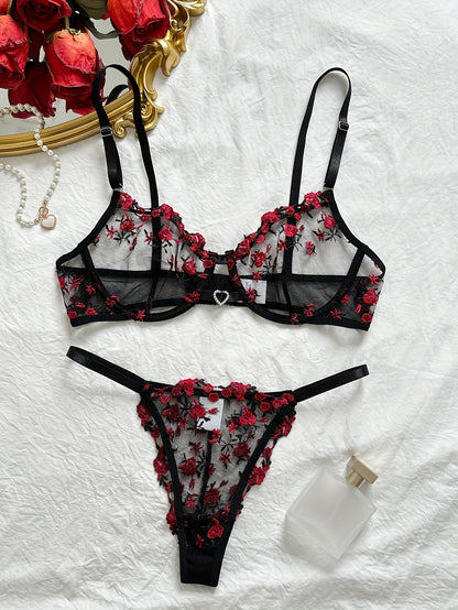 Christmas Gift Women'S Sexy Lingerie Combination Bra Underwear Chic Lingerie Set Available In Soft Pink, Elegant Black-Red, Romantic Burgundy, And Stylish Black-Blue, Vibrant Rose Embroidery On Sheer Mesh And Feminine Ribbon Details