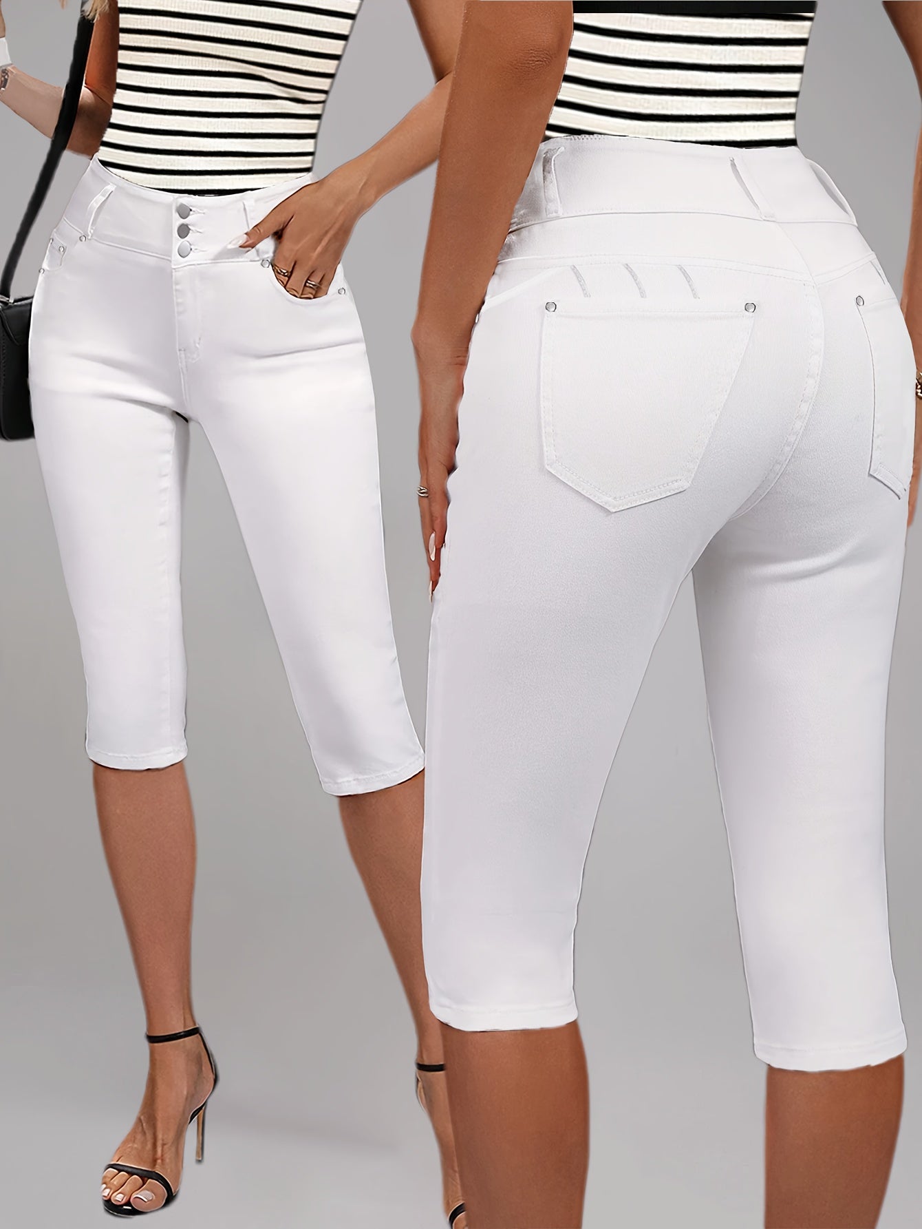 [High-Waisted Stretch Capri] Women's Deep Red High-Waisted Stretch Capri Pants Triple Row Button Fly with Metal Rivet Accents Booty Lifting Design 7/8 Length Cropped Jeans High Elasticity Soft Comfortable Machine Washable Versatile Wardrobe Essential for