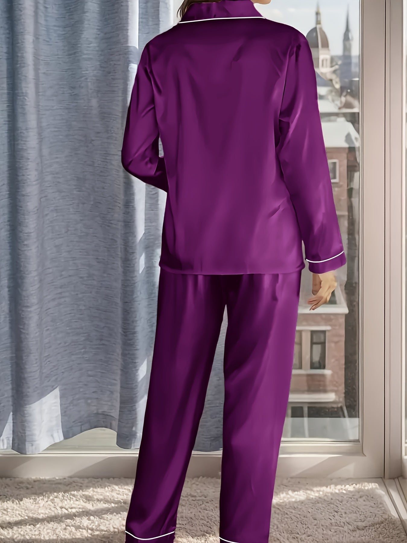 Women's Satin Casual Comfortable 1 Set 2pcs Pajama Outfit, Turn- Collar Long Sleeve Top & Elastic Waistband Trousers Women's Sleepwear