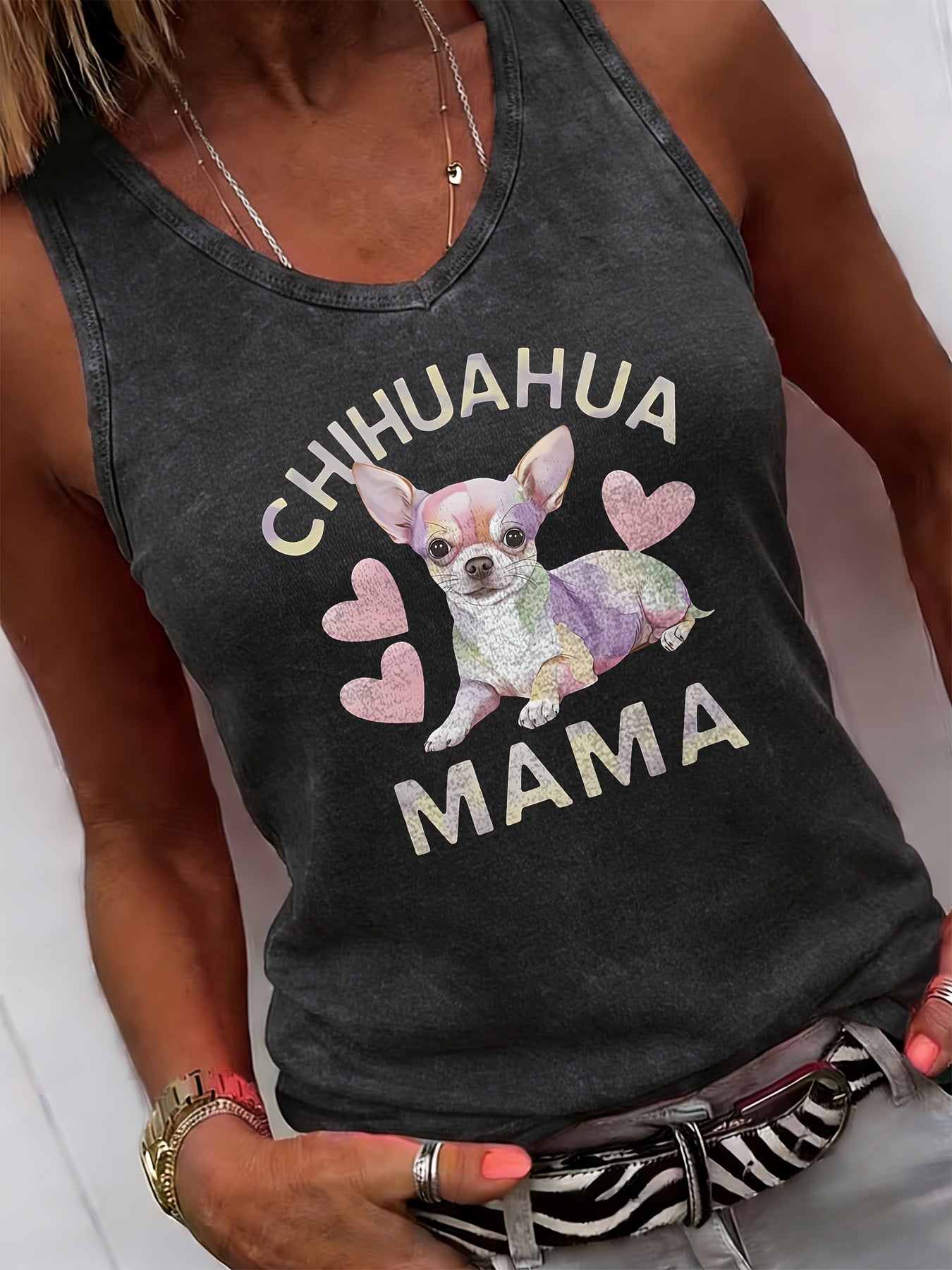 Light Grey Polyester Printed V-Neck Tank Top - product view 26