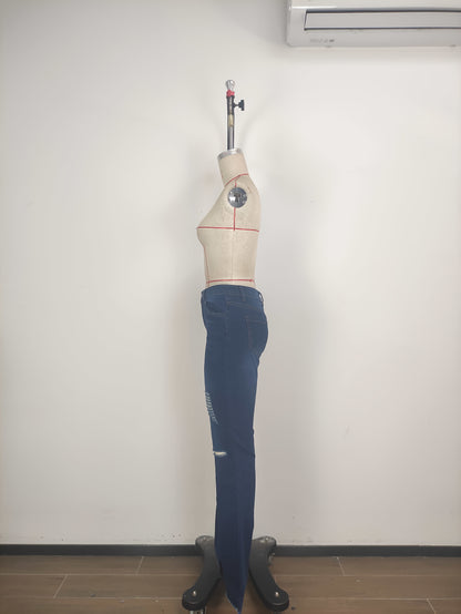 High-Waisted Bootcut Jeans for Women - Classic Blue Stretchy Jeans with a Sexy Distressed Design