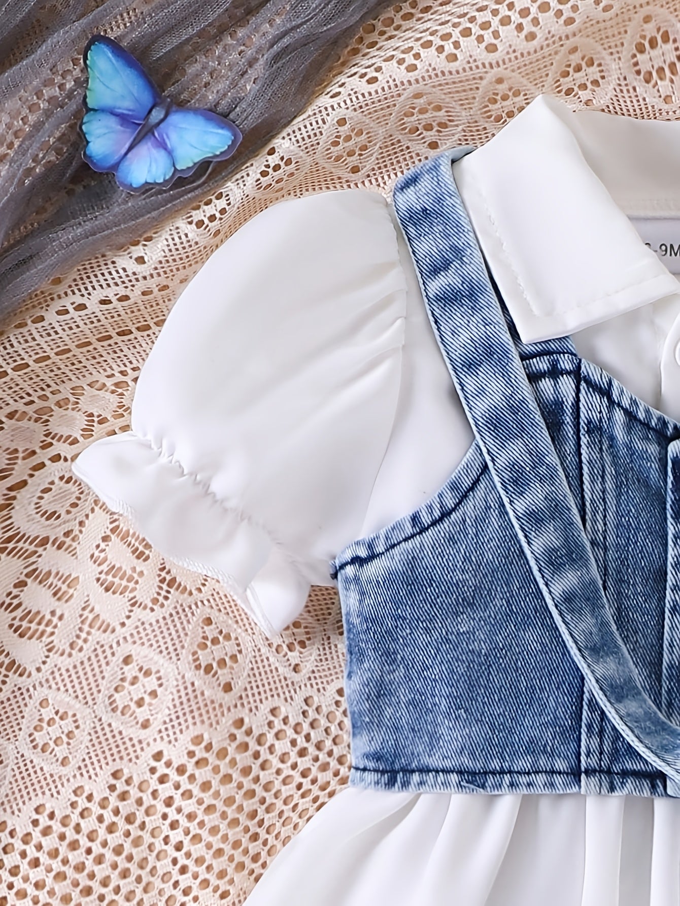 Three-Piece Baby Girl Set: Denim Short Vest Jacket + Plain Notched Neck Bubble Short-Sleeve Belted Dress + Bow-Decorated Denim Crossbody Bag, for Outdoor