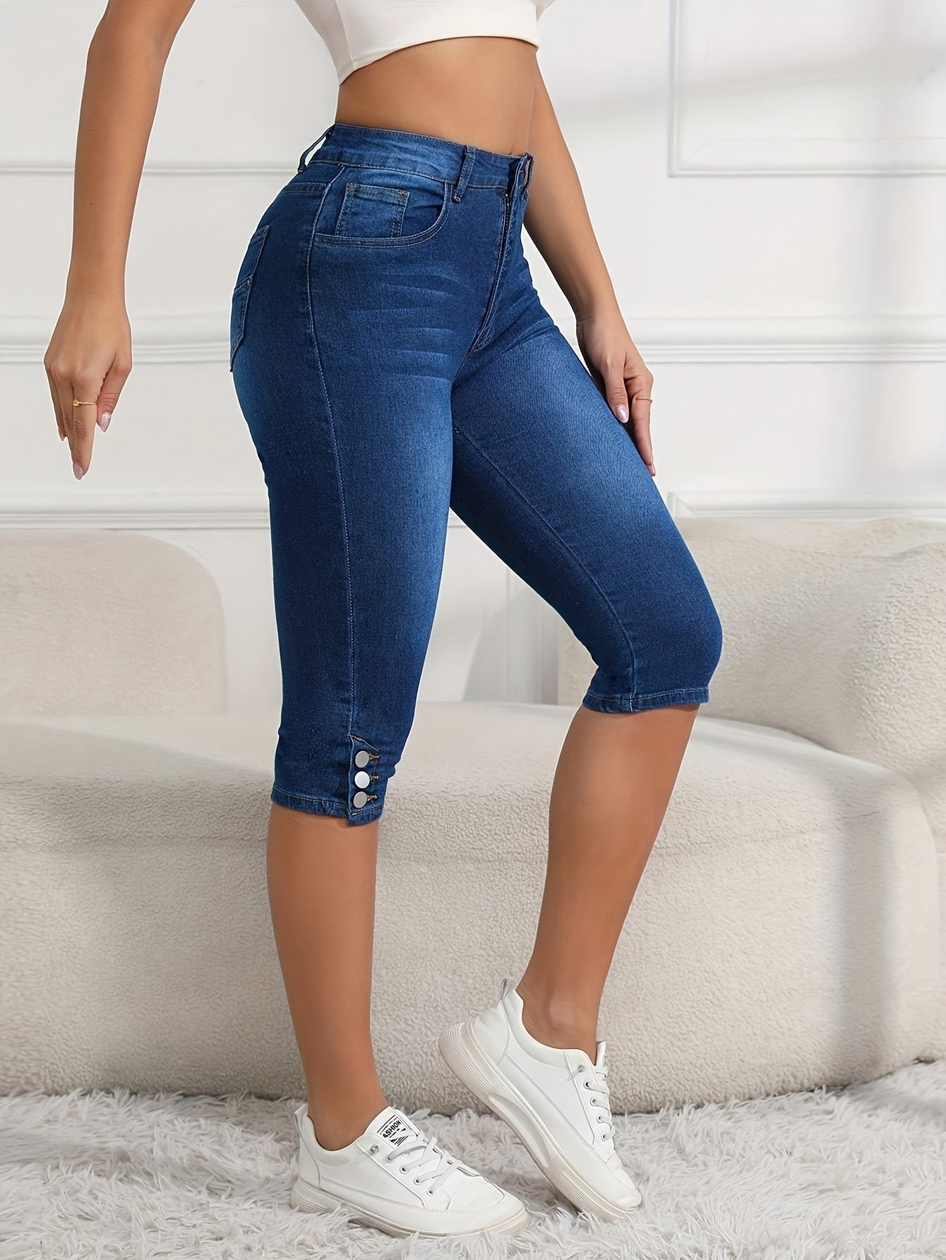 Women's Cropped Elastic Denim Mid Length Pants with Button Closure And Functional Pockets, Casual Style Cut Jeans, Comfortable for Daily Use