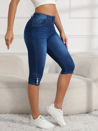 Women's Cropped Elastic Denim Mid Length Pants with Button Closure And Functional Pockets, Casual Style Cut Jeans, Comfortable for Daily Use