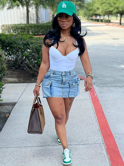 Women's Cute Button Bodycon Low Waist Mini Cargo Denim Skirt With Pocket