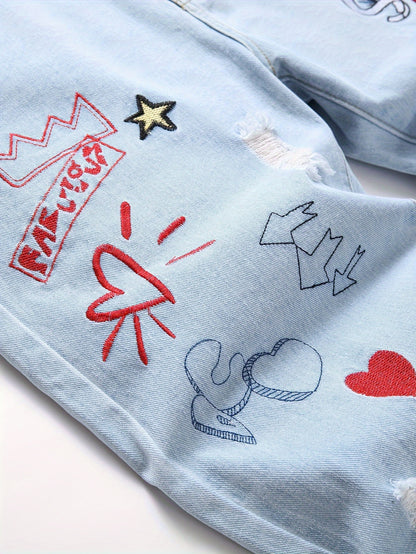 Men'S Slim Fit Letter & Heart Embroidered Ripped Jeans for Men