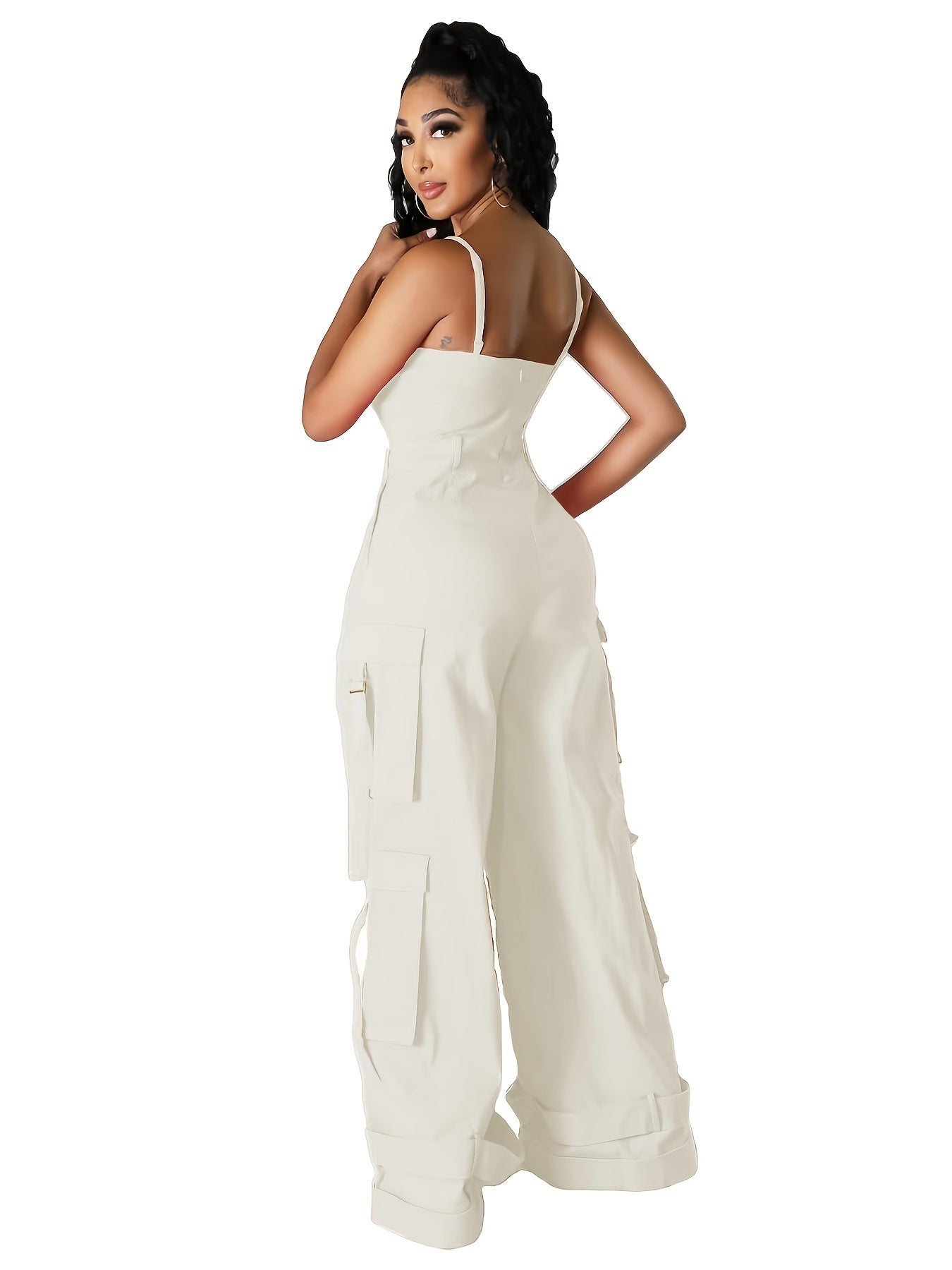 Teenager'S Jumpsuit - Teenager'S Long Wide-leg Utility Jumpsuit, High-waist With Multiple Pockets, Casual Summer Clothing, Street Fashion Camisole Backless Long Jumpsuit, for Outdoor, For Teenager