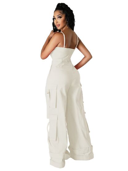 Teenager'S Jumpsuit - Teenager'S Long Wide-leg Utility Jumpsuit, High-waist With Multiple Pockets, Casual Summer Clothing, Street Fashion Camisole Backless Long Jumpsuit, for Outdoor, For Teenager