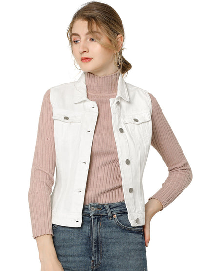 Women's Buttoned Washed Denim Vest Jacket W Chest Flap Pockets