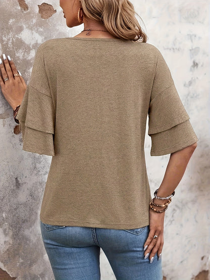 Layered Flared Sleeve V-neck T-shirt, Suitable for Spring And Summer, Soft And Comfortable Daily Casual Solid Color Top for Women's Clothing