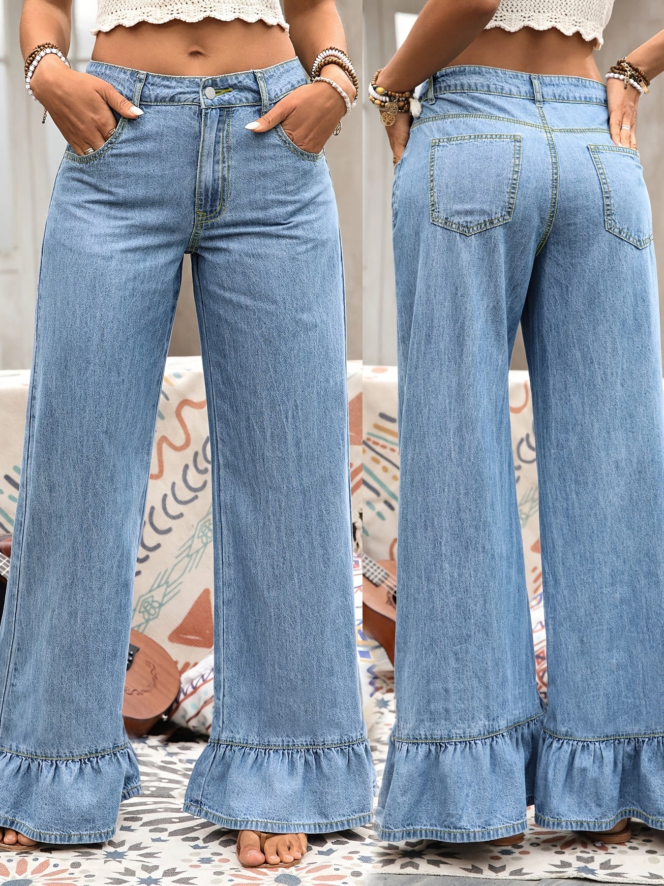 Elegant Scalloped Hem On The Pant Leg, High Waist with Elasticity, Suitable for All Seasons, Versatile, Casual And Relaxed Fit, Fashionable Plus-size Wide-leg Jeans for Women.