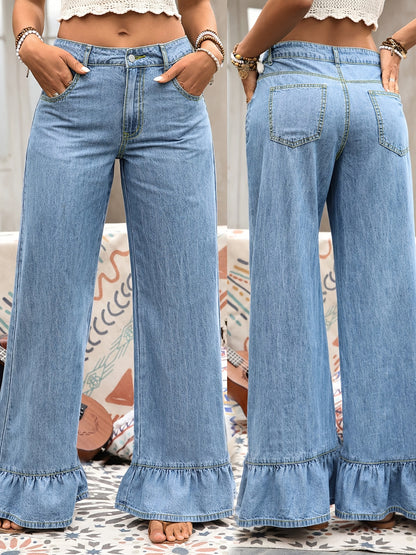 Elegant Scalloped Hem On The Pant Leg, High Waist with Elasticity, Suitable for All Seasons, Versatile, Casual And Relaxed Fit, Fashionable Plus-size Wide-leg Jeans for Women.