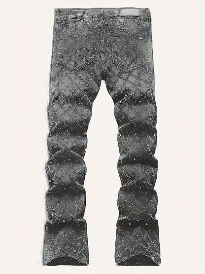 Y2K Men's Shiny Rhinestone Embellished Stretch Slim-Fit Jeans, Casual Street Style Hip-Hop Skateboarding Rap Pants, Machine Washable - All-Season Wear