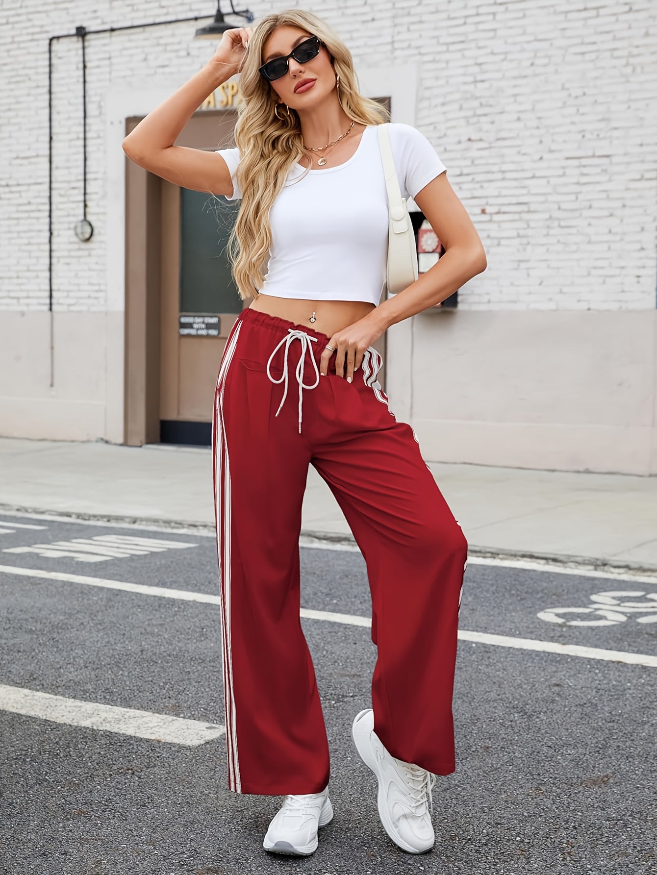 Womens Side Striped Pants Wide Leg Drawstring High Waist Sweatpants Hudson Canyon Stripe Pants with Pockets