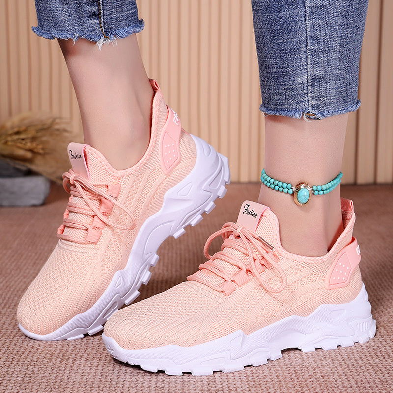 [Sneakers] Athletic And Casual Footwear for Women, Featuring Breathable Knitted Mesh, Chunky Soles, Lightweight Lace-Up Design for Running, And Suitable for Everyday Sports Activities