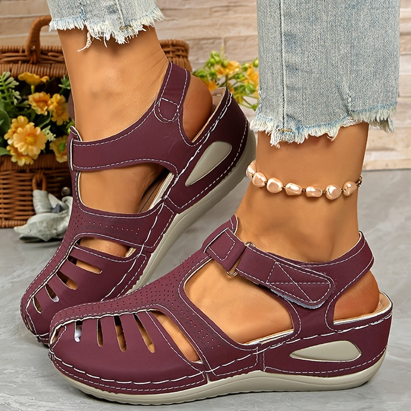 Ladies Leisure Wedge Sandals | White Synthetic Cover | Middle Heel With Round Head Hollowed Out Design | Breathable And Comfortable | Wear All Season | Easy To Buckle And Close | Durable PU Sole | Fashion Versatile Shoes And Lace-up Sandals.