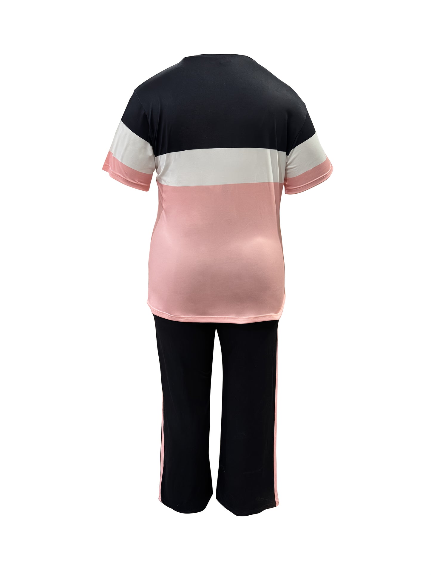 Plus Size, Ladies' Casual Short-sleeved Trousers Suit, Striped Print Letter Blessing, Loose Trousers with Pockets
