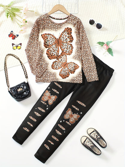 Girls' 2pcs Set Long Sleeve Top and Jeggings with Butterfly & Leopard Print, Crew Neck Pullover, Regular Fit Knit Polyester 95% with 5% Elastane, Long Length, for Spring/Fall Casual Wear, for Outdoor, Perfect for Outdoor