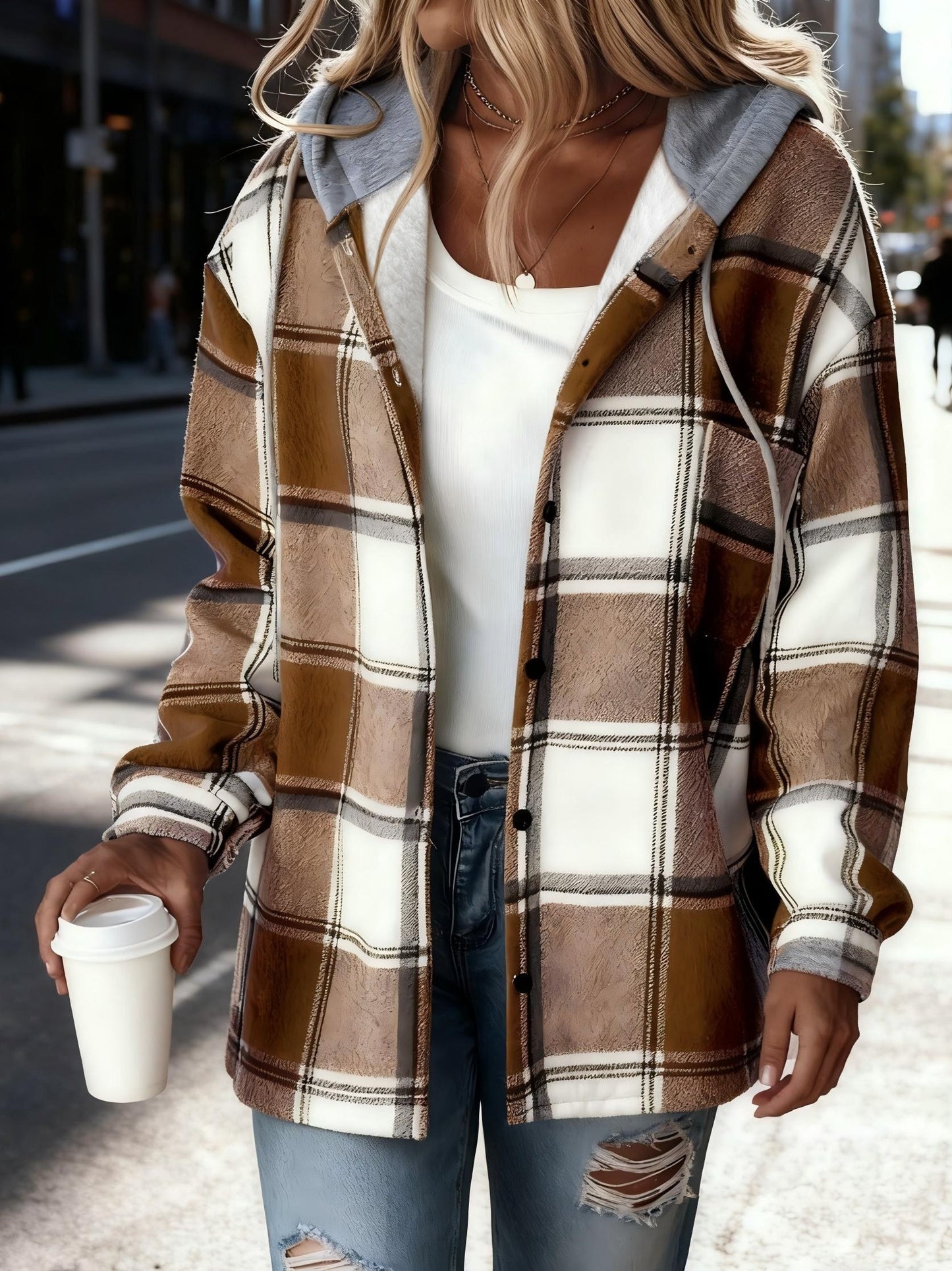 Women's Black and White Checkered Hooded Shirt Jacket, a Popular Warm Outfit for Autumn and Winter. Perfect for Casual and Layered Looks, Autumn/winter Women's Clothing | Women's Apparel, Local Warehouse Discount